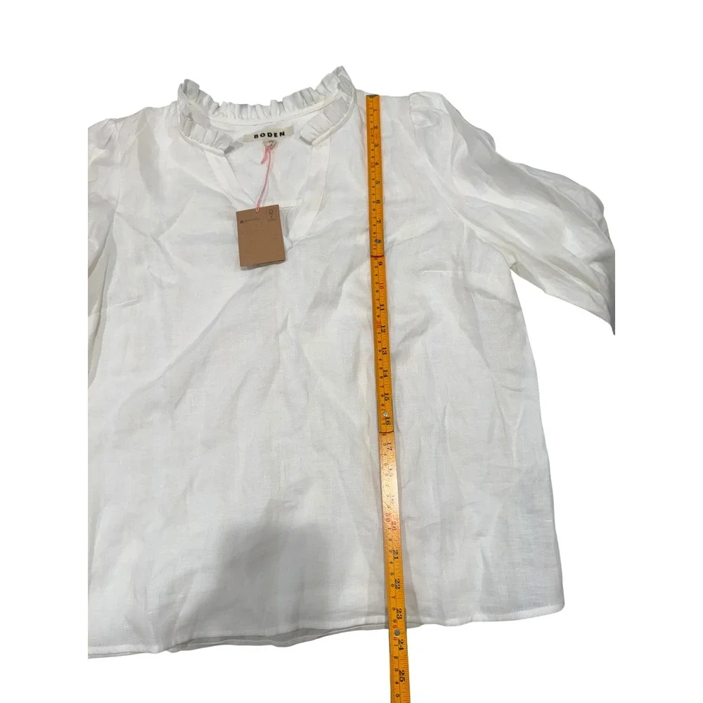 Boden Grace Linen Top White Ruffle V-Neck Puff Sleeve Blouse T1820 Womens 6 NEW